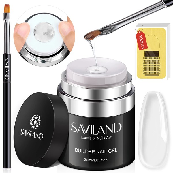 SAVILAND Builder Nail Gel with Air Cushion Design, Clear Hard Gel for Nails Extension Gel, Builder Base Nail Gel & Strengthener Gel Nail Art Manicure Set with 100pcs Nail Forms Nail Brush