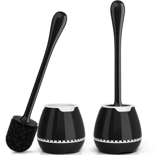 Juego de 2 escobillas de inodoro con soporte ventilado y mango largo ergonómico, cerdas duraderas para limpieza de baño (negro)