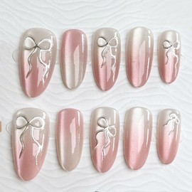 30Pcs Long Almond Press on Nails Bow False Nails Gradient Fake Nails Silver Bow Design Gradient Glitter Glossy Glue on Nail Cute Full Cover Stick on Nail for Women Decor Manicure Accessories