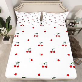 Erosebridal Kids Red Cherry Fitted Sheet Full Size for Kids Boys Girls,Cherry Pattern Bed Sheets,Yummy Fruit Bed Set,Love Hearts Bedding Set with 2 Pillowcases Deep Pockets,no Top Sheet
