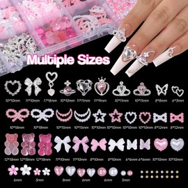 Silver Nail Gems Charms, 3D Pink Color Nail Charms, Acrylic Blossom Tiny Flowers Flatback Multi Styles Pearls Nail Charms Planet Heart Butterfly Nail Diamond Charms for Manicure DIY Crafts Jewel Decor