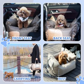 OUPEIWAWA Dog Car Seats for Small & Medium Dogs, Waterproof Dog Booster Seat with Storage Pockets Soft Travel Bed with Clip-On Safety Leash and Secure Straps Puppy Travel Carrier Bed, Light Brown