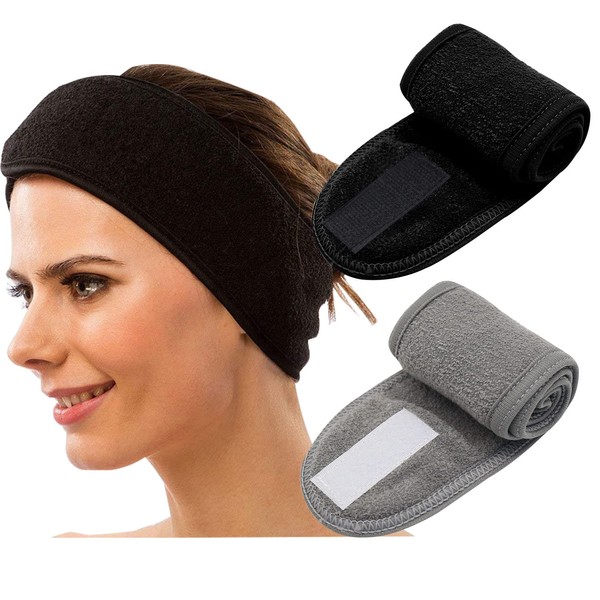 Spa Headband, Spa Facial Headband, Make-up Headbands for Women and Girls, 2 Pack Head Wrap Adjustable Microfibre Towel Headband for Bath Sports Spa Yoga (Black+Grey)
