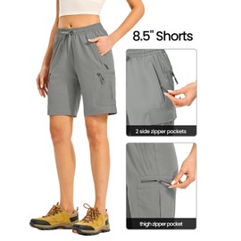 TBMPOY - Pantalones cortos de senderismo para mujer, de 8.5 pulgadas, ligeros, de secado rápido, resistentes al agua, con bolsillos con cierre, Gris claro, M