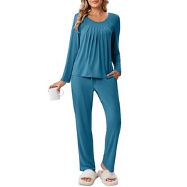 Ekouaer Women's Long Pyjamas Long Sleeve Leisure Suit Winter Sleepwear Warm Loungewear S-XXL, blue-green, M