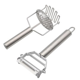 MASALACO 3-in-1 Multi-Peeler Stainless Steel Potato Masher Set,2-Piece Kitchen Tools for Peeler Vegetables,Carrots,Apple and Masher,Banans,Puree Making