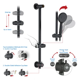 UCLIMAA 10 Inch Rain Shower Head with Handheld System, 24" Drill-free Slider Bar with Low 3-Way Diverter for Easy Reach, 4 Setting Handheld Spray with 5Ft Stainless Steel Hose - Matte Black