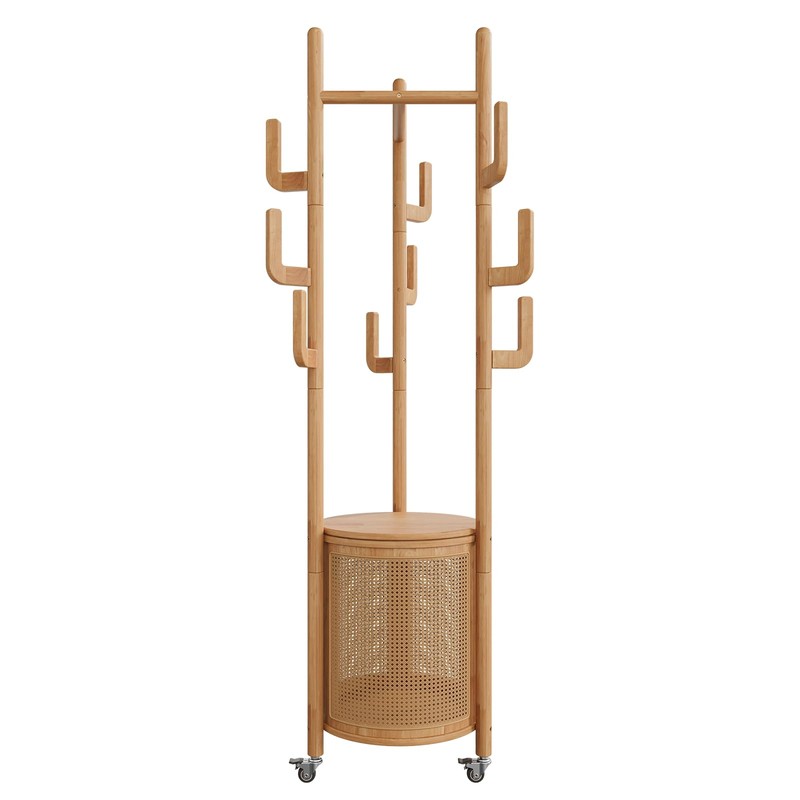 Solid Wood Coat Rack - Rolling Clothes Rack with Rattan
