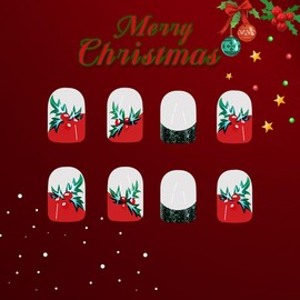24Pcs Christmas Press on Nails Short Square Nails Green Glitter French Tip Fake Nails Reusable Christmas Cherry Fruit Acrylic Nails New Year False Nails Full Cover Stick on Nails for Women Girls