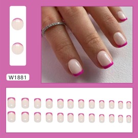 Purple French Tip Press On Nails - Short French Tip Nails - Square False Nails With Glue - Full Cover & Light Weight Fuchsia Artificial Stick On Nail For Women - 24pcs, 12sizes