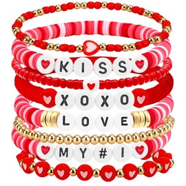 DUIOQ Valentines Bracelets,Valentines Day Gifts for Her,Galentines Gifts Under 10,Valentines' Party Favors,8 PCS Cute Clay Beaded Love Heart Stretch Stackable Bracelets Set Jewelry Gift