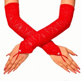 Latious Lace Gloves Black Fingerless Long Floral Gloves 1920s Party Prom Bridal Glove for Women and Brides Elbow Length (Red)