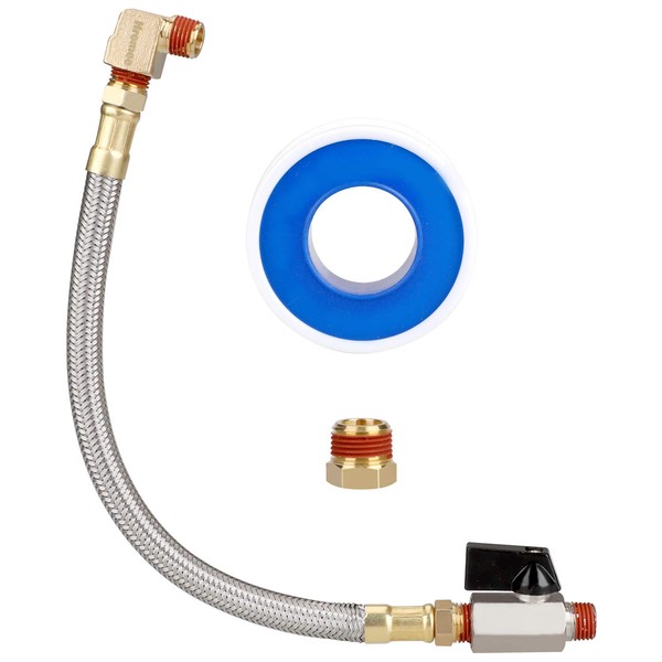 Hromee Extended Tank Drain Assembly Kit with 10 Inch Braided Steel Hose 1/4 Inch Drain Valve and Elbow Fitting for Air Compressor