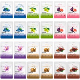 Paquete de 24 mascarillas faciales en láminas para el cuidado de la piel, mascarillas faciales de colágeno con ácido hialurónico, vitamina C y mucina