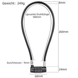 NBYT Cable Wire Combination Padlock, 58 cm Length, 8 mm Diameter, for Cabinet Door Handles, Bicycles, Gates, Gates, Schools, Sheds, Lockers, Helmets, Padlock for Pet Doors