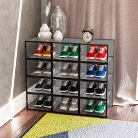 12pcs Thick Transparent X Size Shoe Box With Lid, Foldable And Stackable Shoe Rack, Free Combination, Plastic Sports Shoe Container, space-saving shoe rack, alternative to drawer storage unit - Color: X-Large  Black-12Pcs
