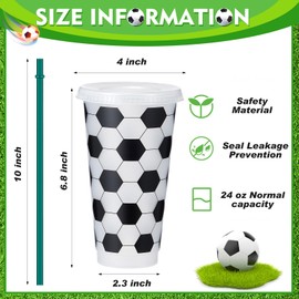 Uiifan 24 Pcs Sports Themed Party Decoration Cups 24 oz Soccer Plastic Tumblers with Lid and Straw Reusable Sports Cups Bulk Sports Party Favors for Coach Kids Adults Boyfriend Birthday Party Decor