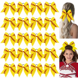 YLEN YHXX 20 PCS 8" Large Softball Cheer Hair Bows Cheerleading Bows with Ponytail Holder Elastic Band Handmade for Cheerleading Teen Girls College Sports （Softball Baseball Yellow）