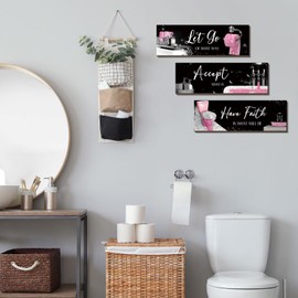 Honoson 3 Pcs Pink Bathroom Decor Wall Art Bathroom Pictures Decor Accept Let Go Have Faith Wood Wall Hanging Sign for Home Spa Laundry 11. 8 x 3. 9 x 0. 2 Inches