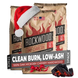 Rockwood Premium Hardwood Lump Charcoal – Oak, Hickory & Cherry Blend for Restaurant Quality Barbecue Smoking & Grilling – Smoky Flavor BBQ, Clean Burning for Kettle & Kamado Grills – 20lbs (3 Packs)