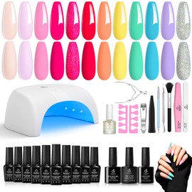 Beetles Gel Nail Polish Kit with 48W U V LED Nail Lamp Light Starter Kit Hot Pink light Purple Glitter Gel Polish with Base Gel Top Coat Nail Art Gifts for Women Beetles Gifts