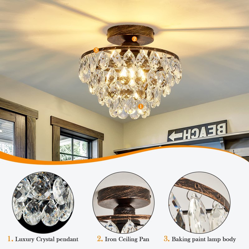 YYJLX Crystal Chandelier,Modern Semi Flush Mount Small Ceiling Light Oil