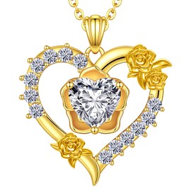 Beam & Bask Rose Flower Love Heart Necklace for Wife, 2 Carat Moissanite Women's Pendant, Sterling Silver Plated with 18K Gold, Anniversary Birthday Wedding Jewelry for Girlfriend Soulmate Her