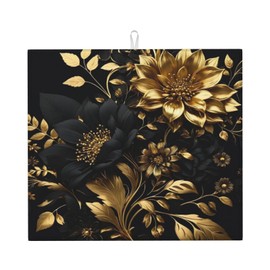 Yamxbfa Dish Drying Mats Bohomian Black Flower Gold Floral Leaf Kitchen Draining Mat Non slip hangable Cutlery Drying Mats for Kitchen Counter Coffee Bar Dinning Room Decor 16"x18"