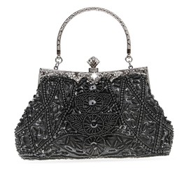 DA BODAN Womens Evening Bag Vintage Beaded Sequin Pearl Clutch Handbag Shoulder Bag Purses for Wedding Bridal Prom Party, Black, 23*22cm