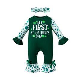 2Pcs Newborn Baby Girl First St. Patricks's Day Romper Ruffle Four-Leaf Clover Print Bell Bottom Jumpsuit with Headband (Green,0-3 Months)