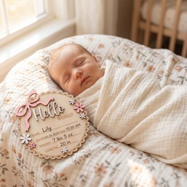 Ouligay Wood Baby Announcement Sign, Hello World Newborn Sign, Baby Name Sign, Babies Nursery Decor Name Plaques for Hospital Newborns Show Photo Prop Newborns Souvenirs(Wavy edge)