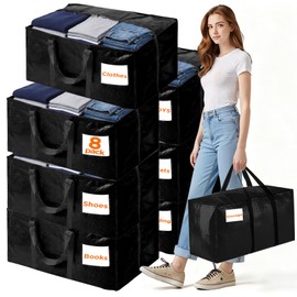 8 Pack Extra Large Moving Bags Heavy Duty Storage Bags with Zipper Handles, BETU Clothes Storage Totes Bins Packing Moving Boxes, Moving Supplies for College Dorm Essentials, Space Saving, Black