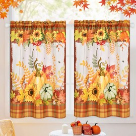 FRAMICS - Cortinas de nivel de otoño, 36 pulgadas de largo, para cocina y baño de Acción de Gracias, 30 pulgadas de ancho x 36 pulgadas de largo, 2 paneles - Cortinas de calabaza, girasol búfalo a