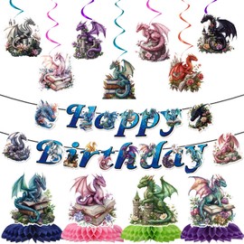 Deorfuy Dragon Birthday Party Decorations - 13PCS Dragon Theme Birthday Decoration Happy Bday Banner with Hanging Swirls Magicall Honeycomb Centerpieces Decor Supplies