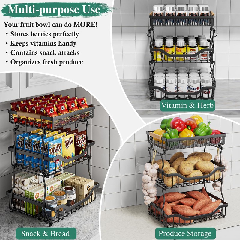 OKZEST 3-Tier Fruit Basket for Kitchen Counter, Wall Hanging Fruit