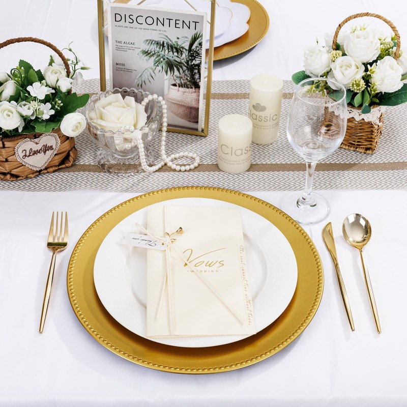 supernal 12pcs Gold Charger Plates,13inch Plastic Round Beaded Plates Decorative