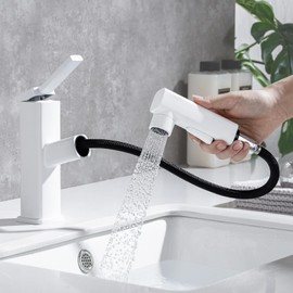 HANLIAN Single Hole Bathroom Pull Out Faucet with Rotating Spout, One Handle Faucet for Bathroom Sink, Modern Bathroom Faucet with Pull Down Sprayer, 3 Modes Vanity Faucets (White, Regular)