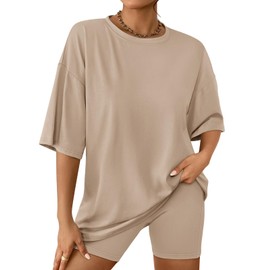 AUTOMET Womens Lounge 2 Piece Sets Summer Outfits 2025 Two Piece Set Matching Clothing Oversized Tshirts Biker Short Fashion Khaki S