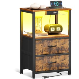 Casaottima Night Stand with Charging Station and LED Lights, End Table for Bedroom with 2 Fabric Drawers, Small Nightstand with Storage Shelf, Bed Side Table, Bedside Table, Vintage