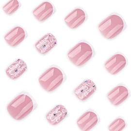 French Tip Press on Nails Short Square Fake Nails with White Floral Pearl Designs Summer False Nails Nude Pink Glossy Glue on Nails Rhinestones Flowers Press ons Acrylic Nails Tips Kit for Women 24Pcs