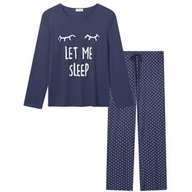 Womens Modal Pajamas LET ME Sleep Cute Printed Long Sleeve Top with Polka Dot Long Pants Ultra Soft Jersey Knit Cozy Jammies PJs Sets (Navy, XL)