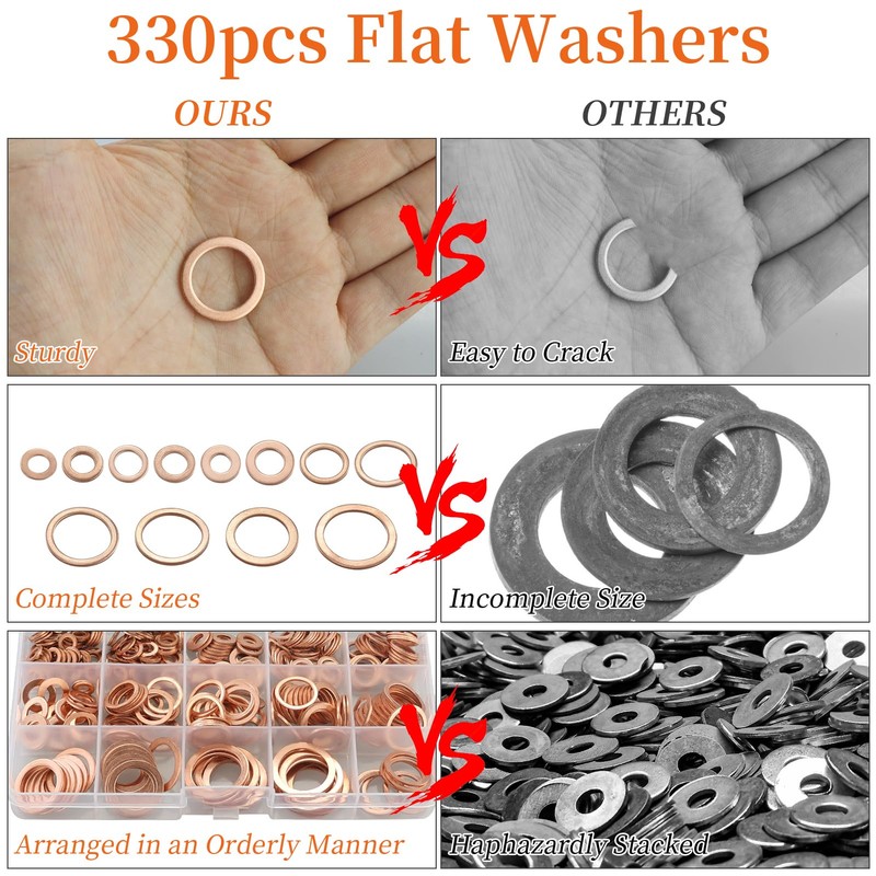 330 PCS Copper Sealing Rings Assortment Set, 12 Sizes Copper