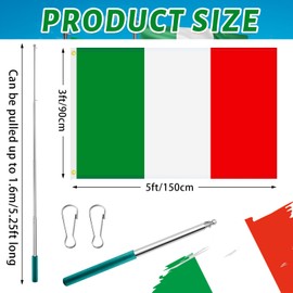 Tatuo 150 x 90 cm Italy Flag and Stainless Steel Flagpole, Green Hanging Rope and 2 Buckles for Indoor and Outdoor Use Home Themed Party Decoration