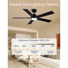 Modern Ceiling Fans with Lights - 52 inch Black Outdoor Ceiling Fan with Light and Remote, Reversible DC Motor, 6-Speed Quiet 3CCT LED Dimmable for Bedroom, Indoor and Outdoor, Patios , ETL Listed