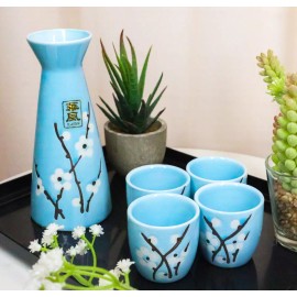 Ebros Gift White Sakura Cherry Blossom Sky Blue Ceramic Sake Set Carafe Flask With 4 Cups