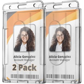 Mifflin Rigid ID Name Badge Holders (Clear, Vertical 3.35x2.1 inch, 2 Pack), Heavy-Duty Hard PC Plastic Identification Card Protectors, Transparent Tag w/ 2 Slots