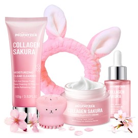 Sakura Skin Care Set for Teen Girls, Skincare Gift Set for Teens 10-12, Hydrating & Soothing, 5 Pcs Collagen Skincare Routine Kit for Women with Cleanser, Serum, Cream, Bunny Headband, Cleansing Brush