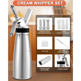 500 ml cream dispenser, cream dispenser made of aluminium, cream syphon with 3 stainless steel decorative nozzles, 3 plastic decorative nozzles, 1 capsule holder, 1 cleaning brush and 1 synopsis, for