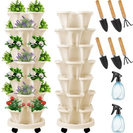 Umigy 2 Set of 7 Tier Vertical Planter Stackable Tower Planters Strawberry Herb Flower and Vegetable Pots Indoor Outdoor Gardening Pots with Removable Wheels and Tools(Pink)