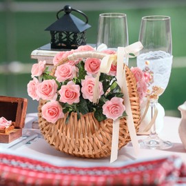 MEUMITY 4PCS Flower Girl Baskets with Ribbon,Rattan Basket Half Moon Wicker Basket Willow Straw Basket,Hand-Held Flower Arrangement Basket for Home Party